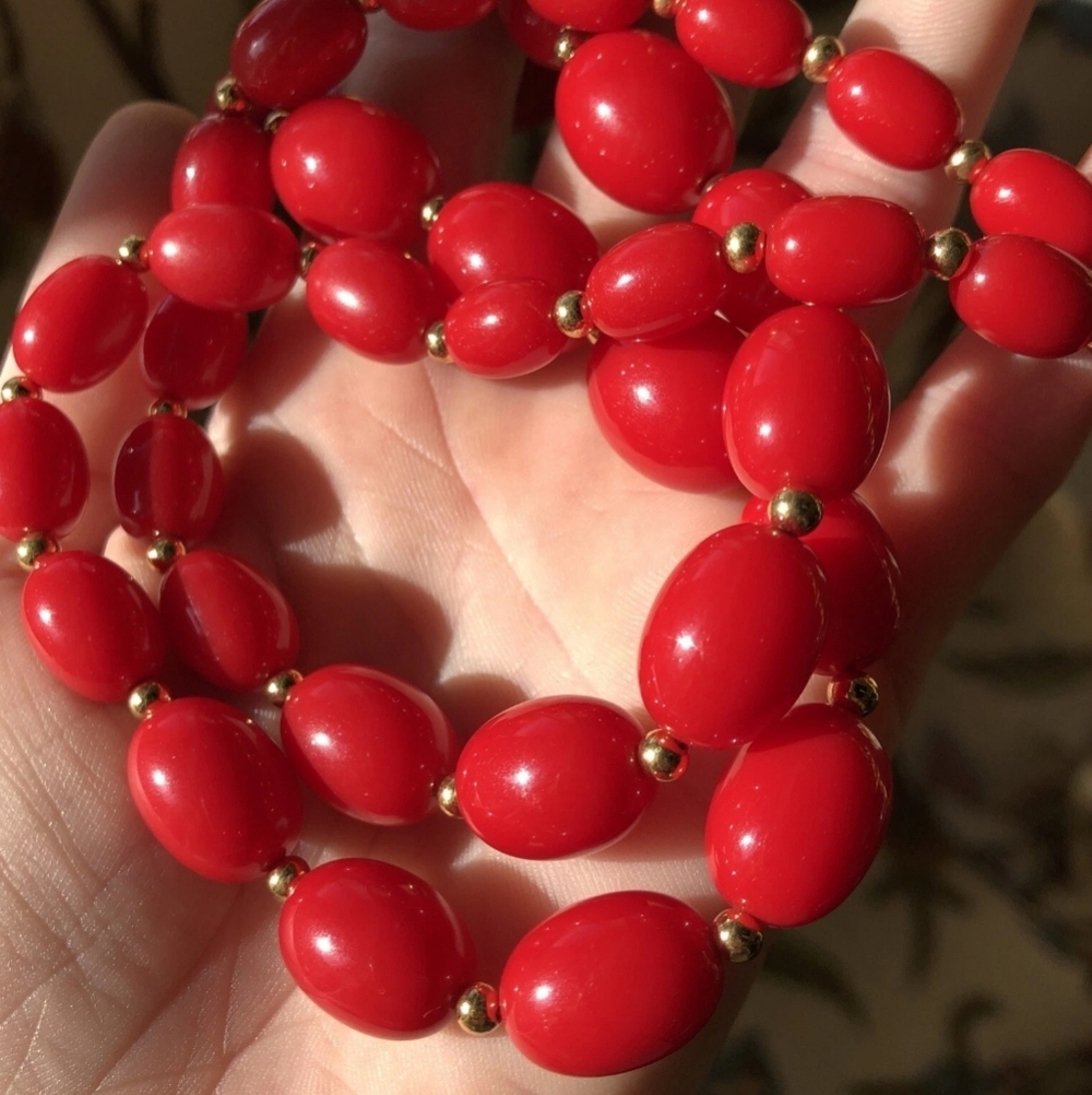 Vintage SIGNED MONET Red Bead Necklace with Gold Accents Statement Piece